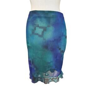 Vintage 90s Y2K Geometric Mesh Pencil Skirt with Ruffle Size Large Purple Blue